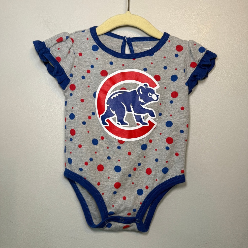MLB Chicago Cubs Infant Girls Ruffle Sleeve Polka Dot Bodysuit Size 12 Months